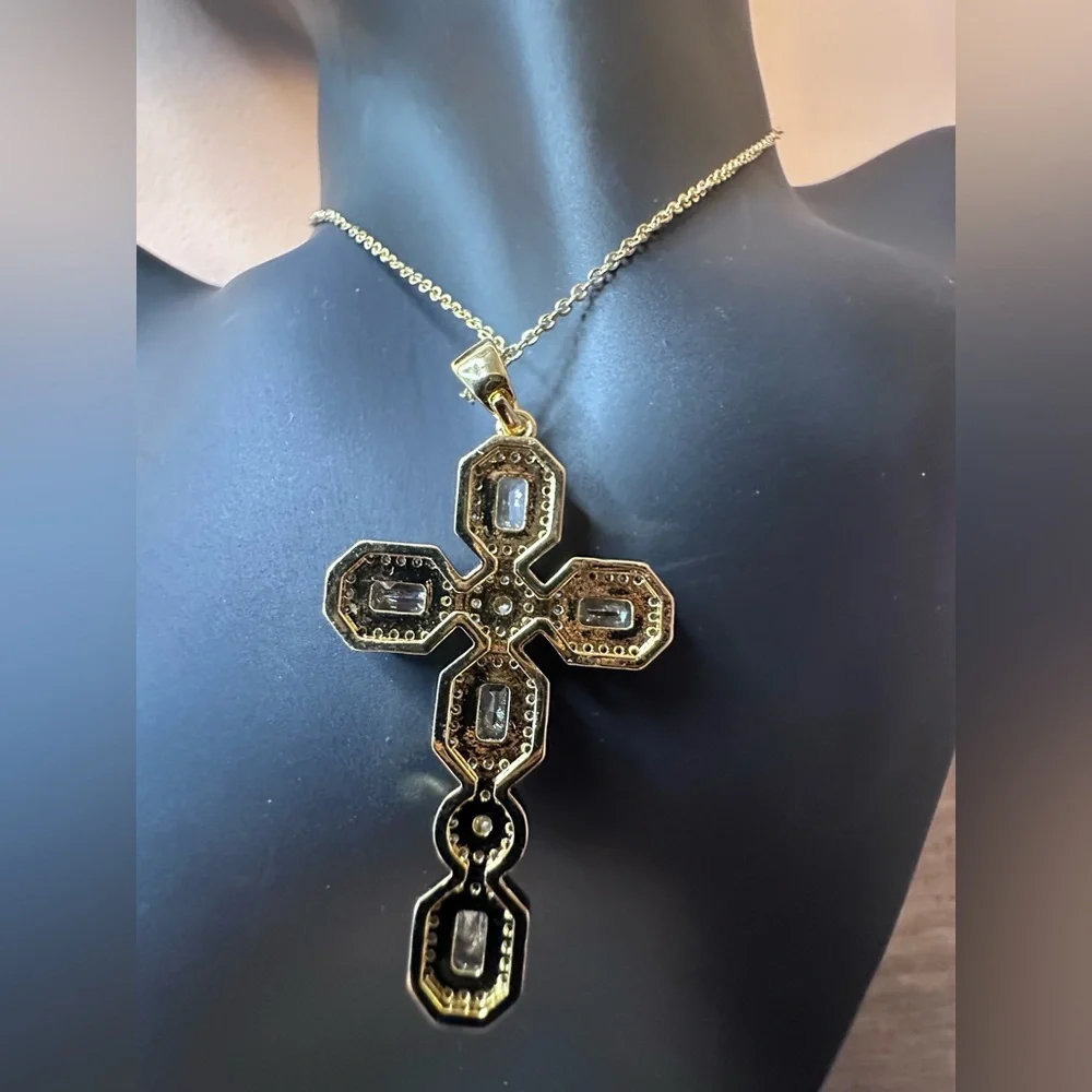 Gold Cross With CZ Pendant Necklace. 16” Chain. - Picture 5 of 5